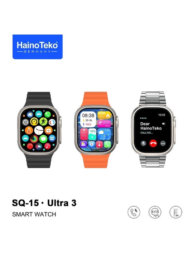Haino Teko SQ-15 Ultra 3 Smart Watch with AMOLED Display Bluetooth Calling 3 Pair Straps and Charging Cable Designed for Ladies and Gents Silver